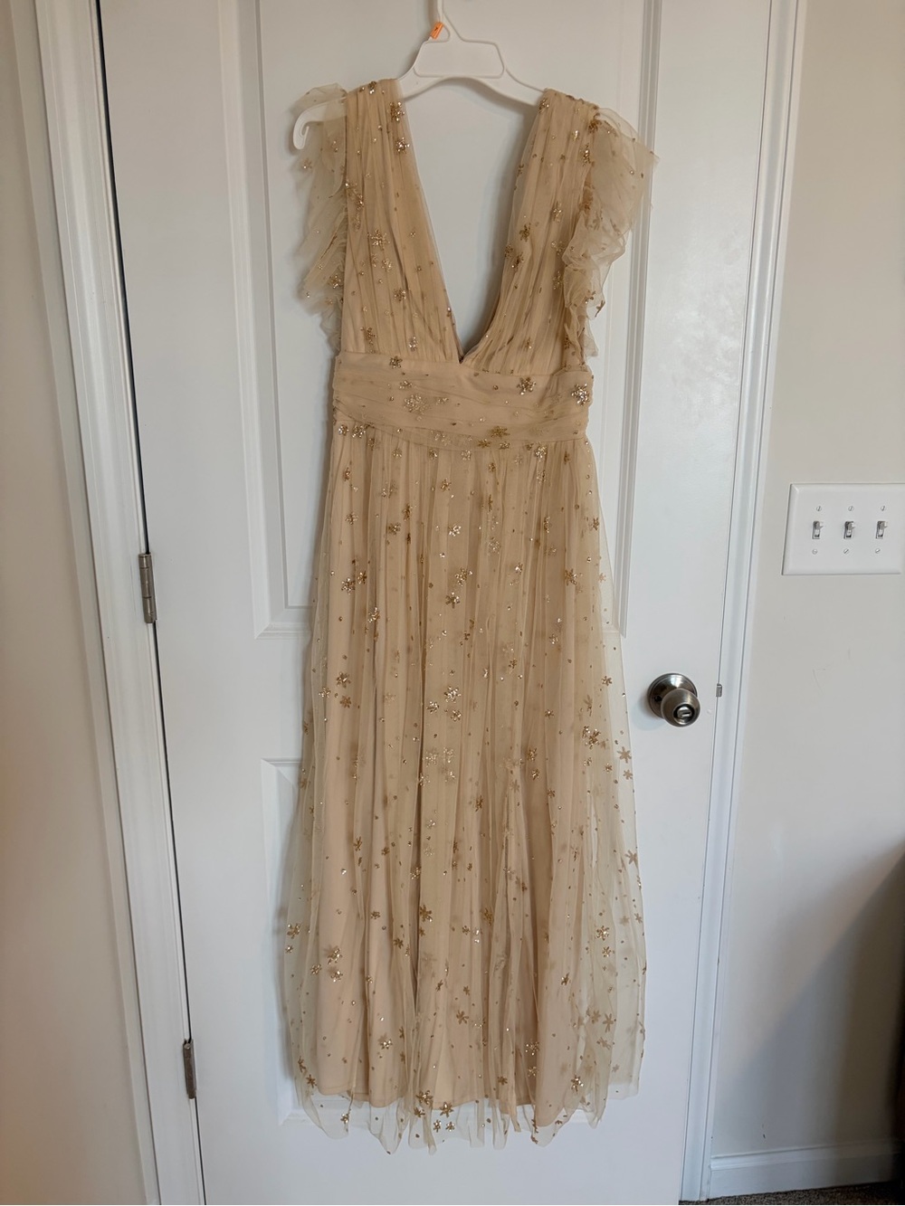 Romantic Champagne Maxi Dress with Gold Star Embellishments